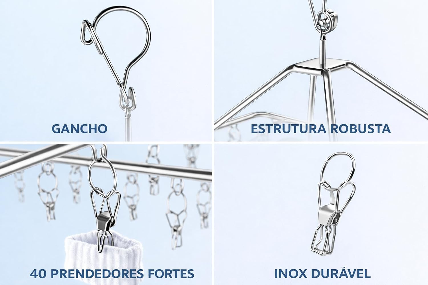 Varal Suspenso de Aço Inox Premium com 40 Prendedores para Meias, Calcinhas e Roupas Íntimas, Varal Quadrado Antiferrugem, Ideal para Apartamento, Lavanderia e Pequenos Espaços