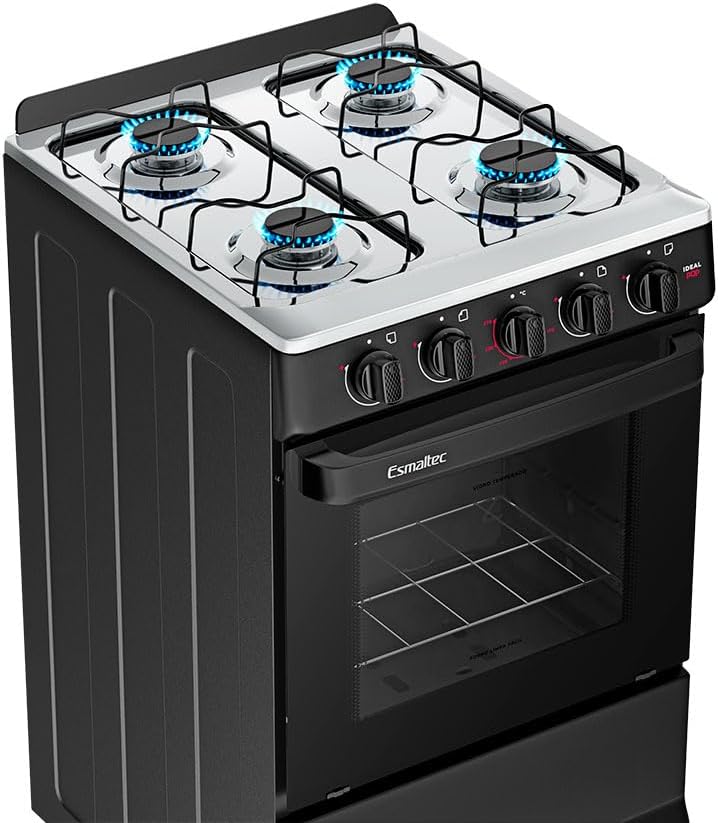 Fogão a Gás Mesa Inox e Forno 50L Limpa Fácil Esmaltec IDEAL POP F4ISP Cor Preto 4 bocas