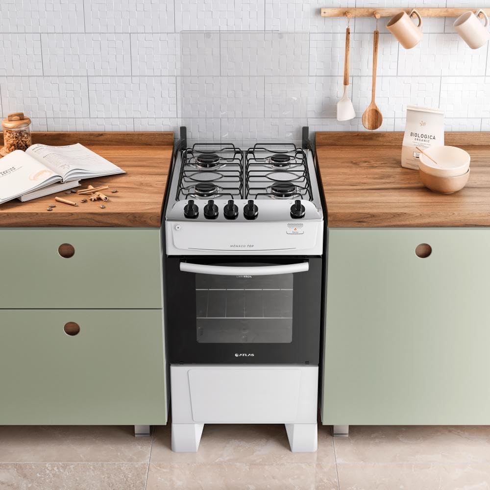 Fogão com Acendimento Automático Total, Mesa Inox e Forno 50L