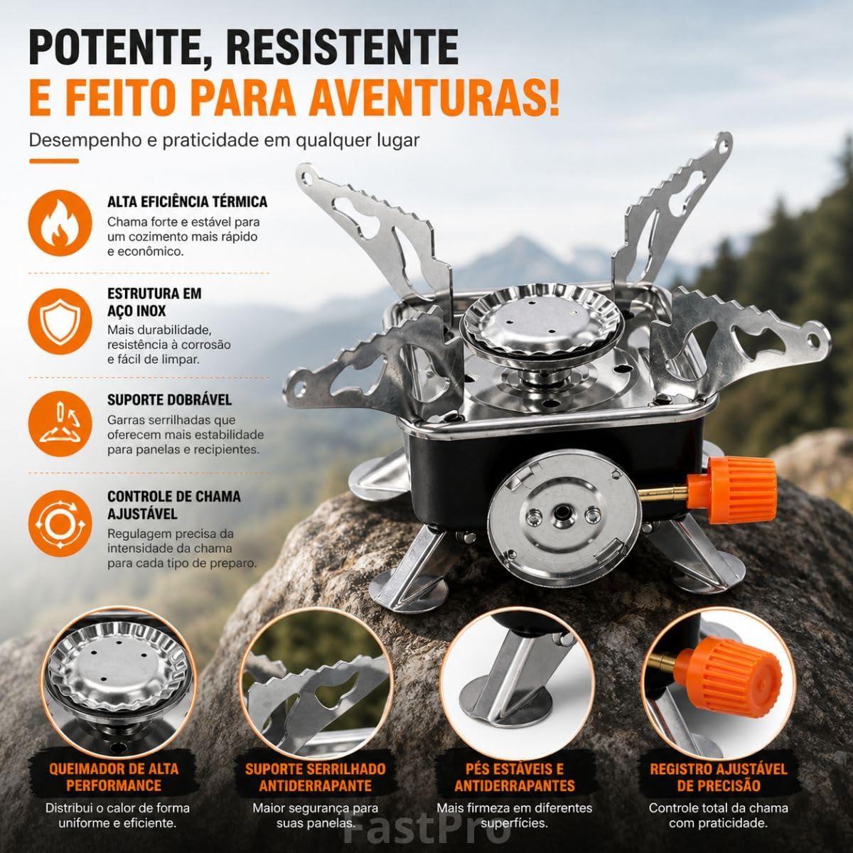 Fogão Portátil de Camping em Aço Inoxidável com Suporte Dobrável para Uso ao Ar Livre Premium