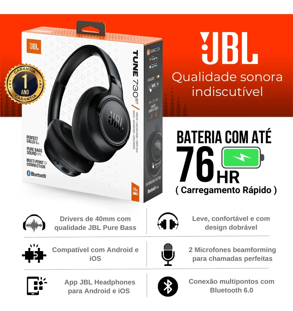 Fone Ouvido Jbl Tune 730bt Headphone Bluetooth 6.0 Original