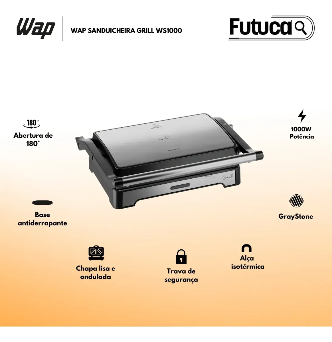 Sanduicheira Grill Elétrica Inox Wap 2 Em 1 180° 1000w Antiaderente Ws1000 Sanduiche Misteira Chapa Lisa Multiuso