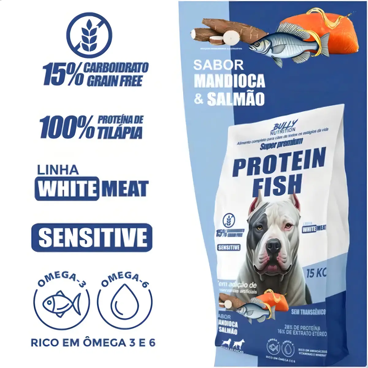 Protein Fish 15kg Bully Nutrition sabor mandioca e Salmão