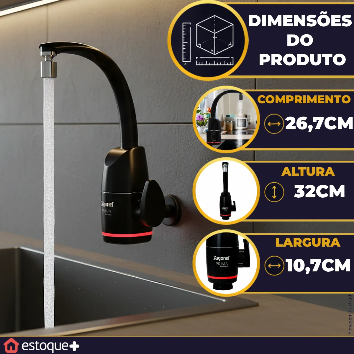 Torneira Elétrica Zagonel Prima Touch Parede E Bancada Preta